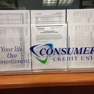 Acrylic brochure holder with logo for Consumers credit union.  Gurnee, IL
